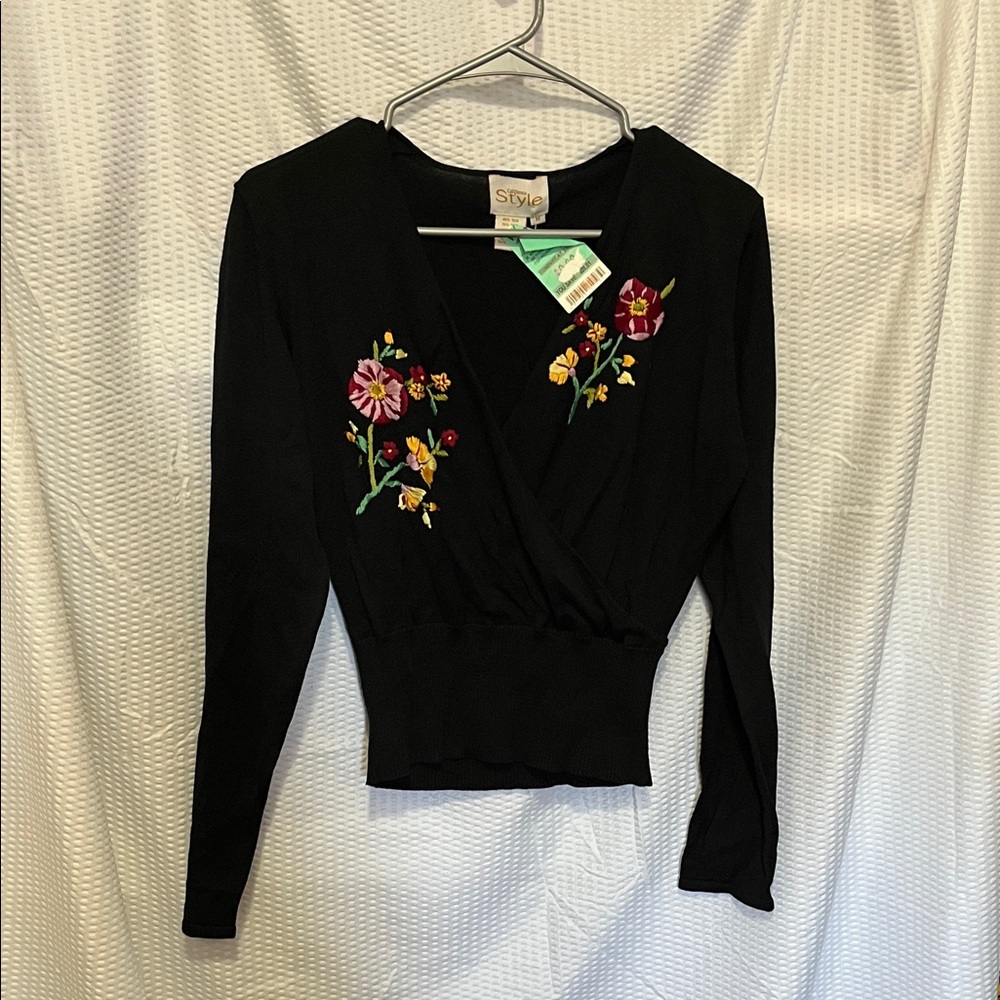 Stylus Black Wrap Blouse with Floral Embroidery